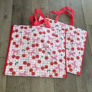 Homegoods TJMaxx Marshalls Pink Bow Red Cherry Print Tote Bags Set of 2 NWOT